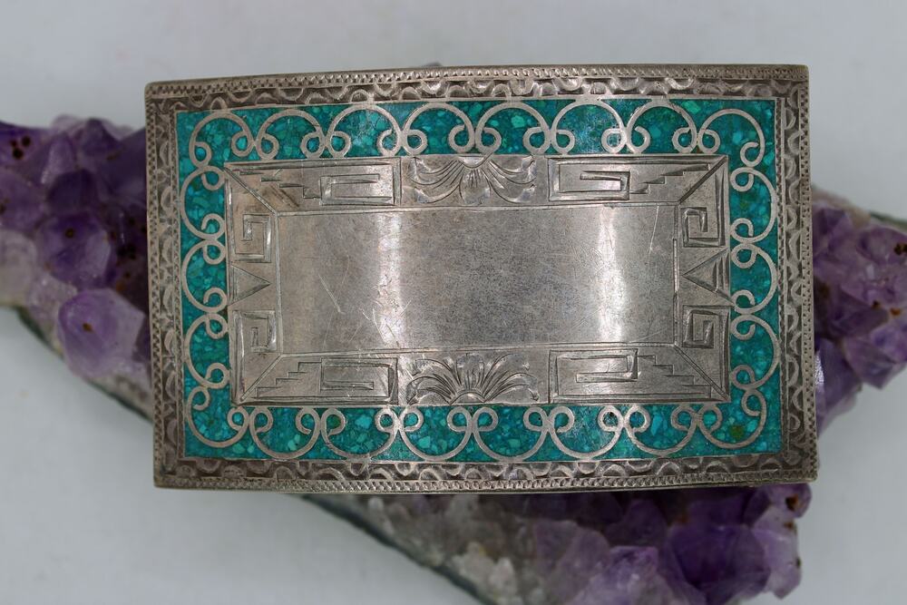 Taxco Eagle 50 V.H.L.C Guad. Mexico Sterling Silver Chip Inlay Belt Buckle